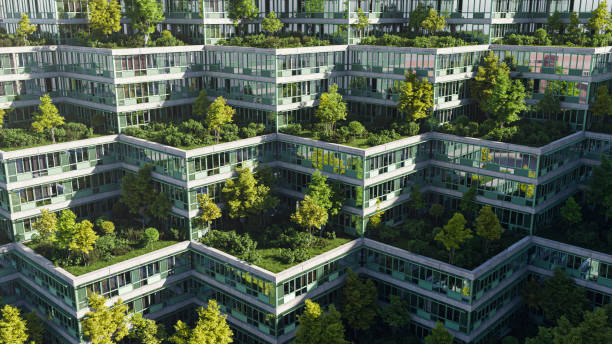 A sustainable green office or housing complex with roof gardens